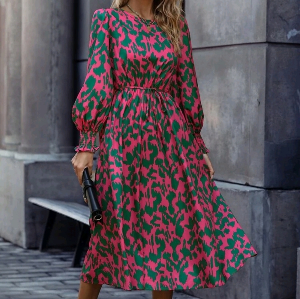 Boho Print Flounce Sleeve Smocked  Ling Sleeve Cuff Belted Dress